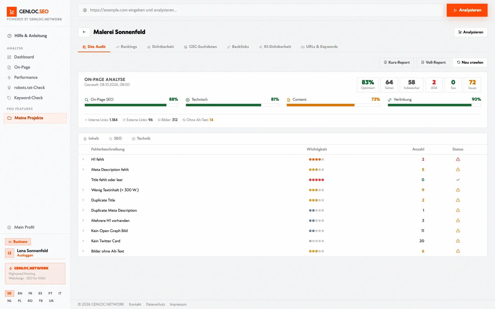 GENLOC.SEO Site Audit: Wir prüfen jede einzelne Unterseite (Beispielprojekt mit erfundenen Firmen)