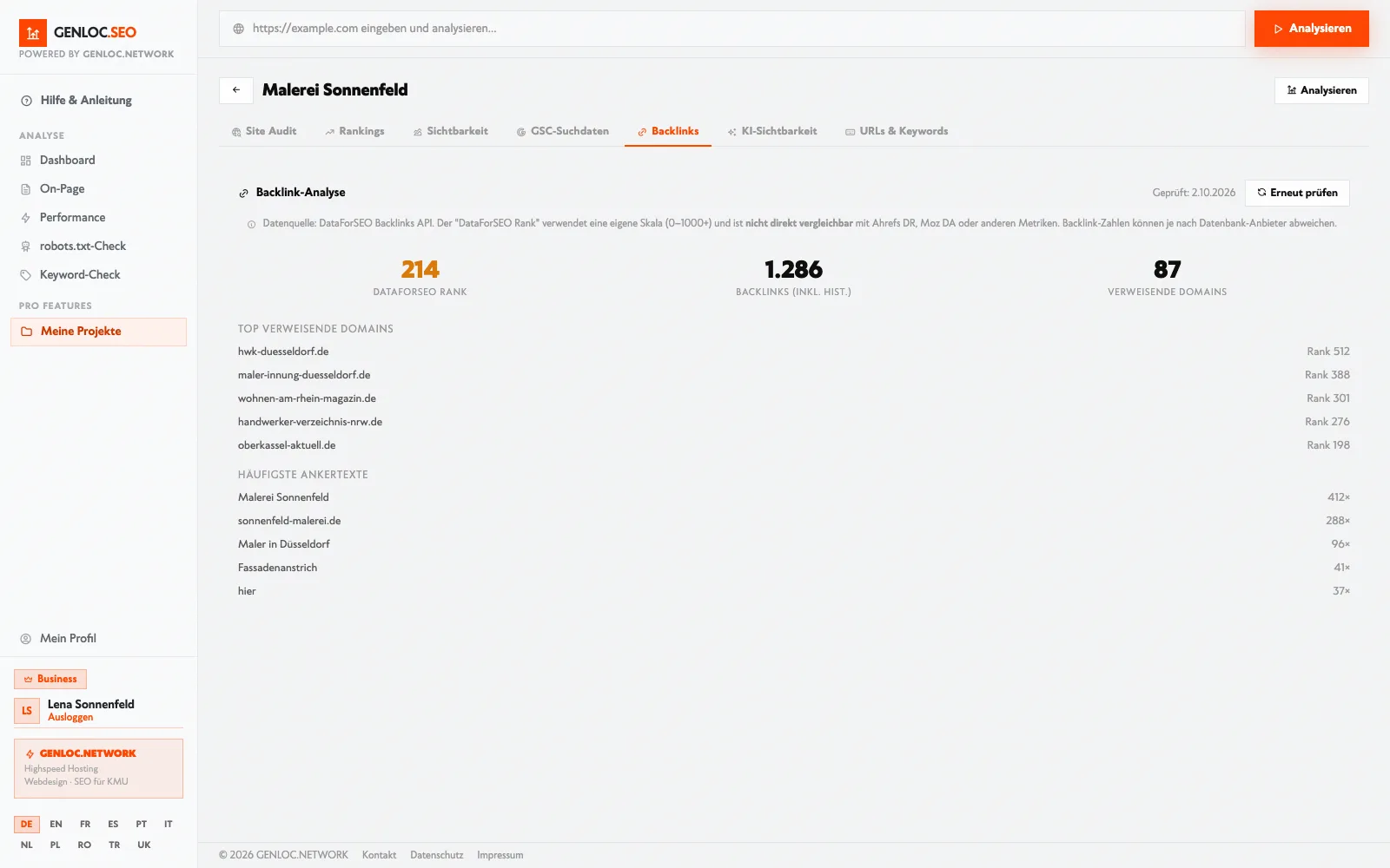 GENLOC.SEO Backlinks: Wer auf deine Website verlinkt (Beispielprojekt mit erfundenen Firmen)