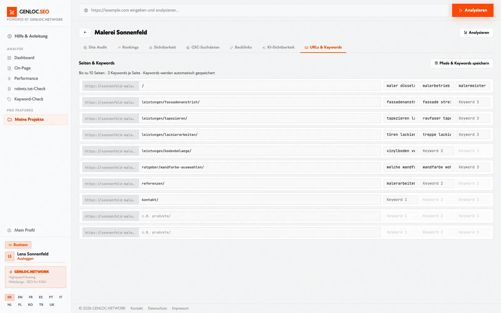 GENLOC.SEO URLs & Keywords: Jede Seite mit ihrem Suchbegriff (Beispielprojekt mit erfundenen Firmen)