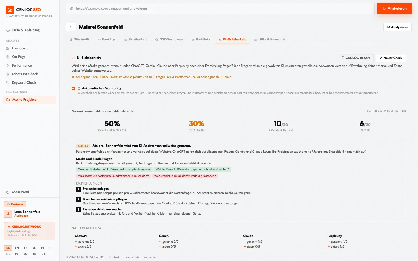 GENLOC.SEO KI-Sichtbarkeit: Empfiehlt dich die KI oder die Konkurrenz? (Beispielprojekt mit erfundenen Firmen)