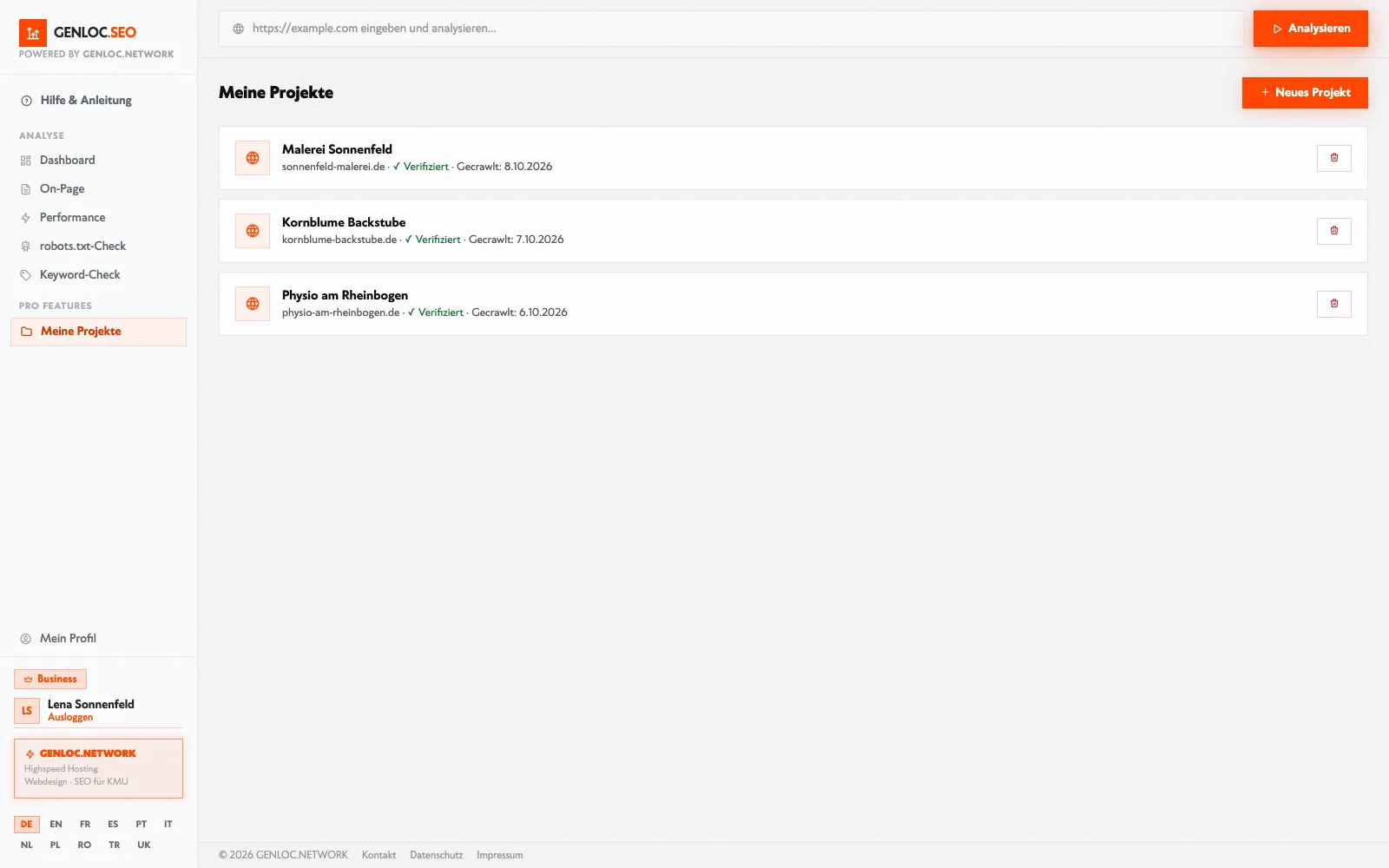 GENLOC.SEO Projekte: Alle deine Projekte auf einen Blick (Beispielprojekt mit erfundenen Firmen)